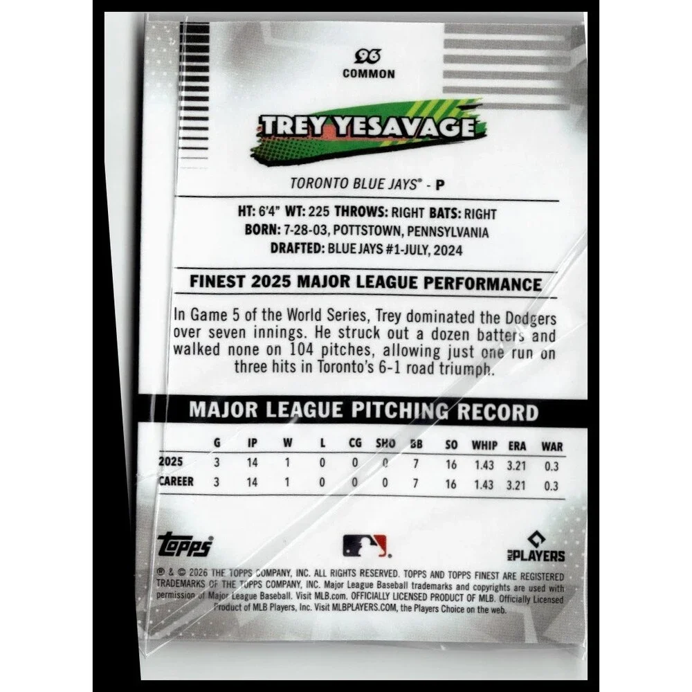 2026 Finest Trey Yesavage Common Base Rookie RC Blue Jays